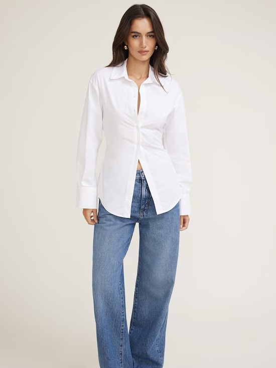 Dynamite Tops - Dynaite White Button Up Ruched Back Shirt